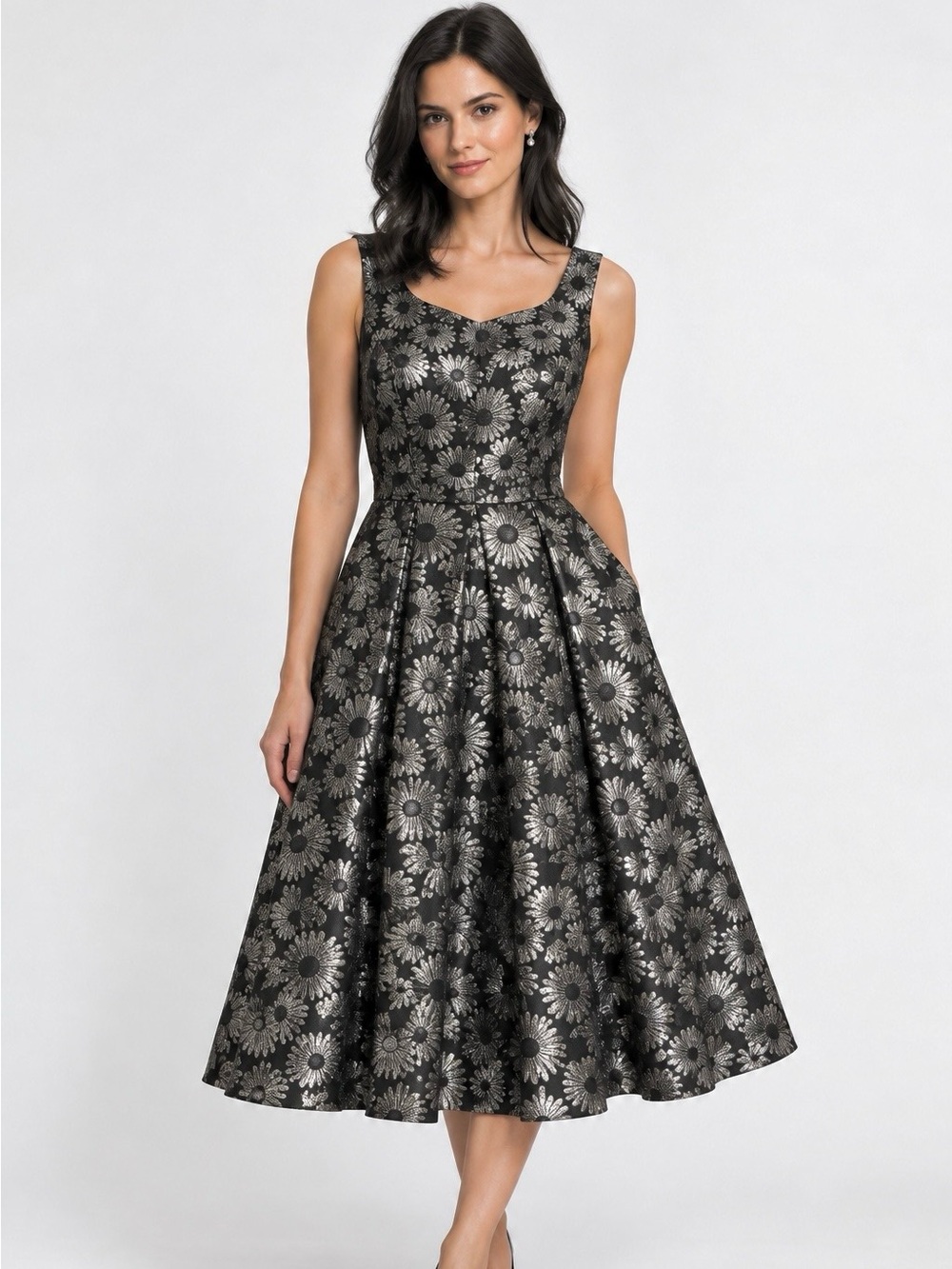 $399 Talbots Metallic Floral Embroidered Midi Pleated Dress Size 6 Women’s